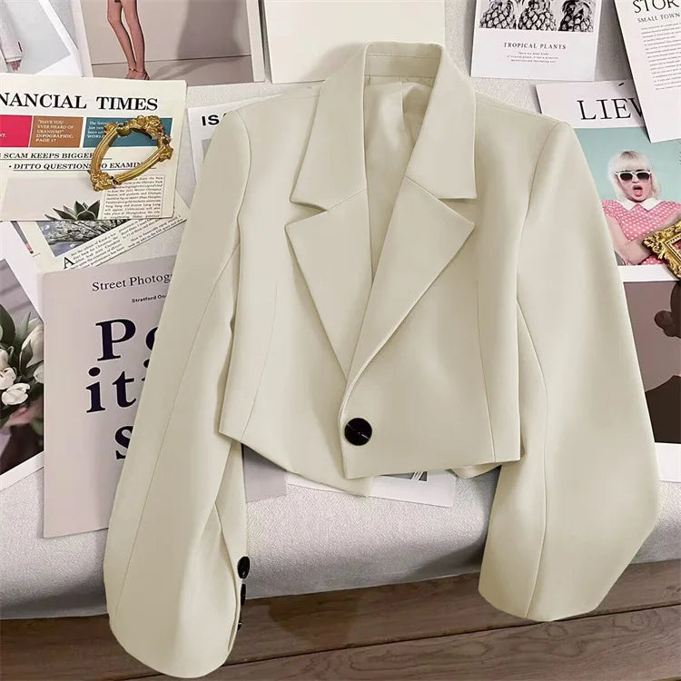 Korean Cropped Blazers Women Autumn Solid Color Simple Single-button Outwear Teens All-match Long Sleeve Office Lady Suit Jacket