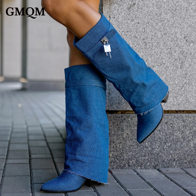 GMQM Brand Fashion Women's Western CowBoy Cowgirl Boots Denim Blue The Knee Boots Shark Lock High Heels Chunky Heels Long Boots