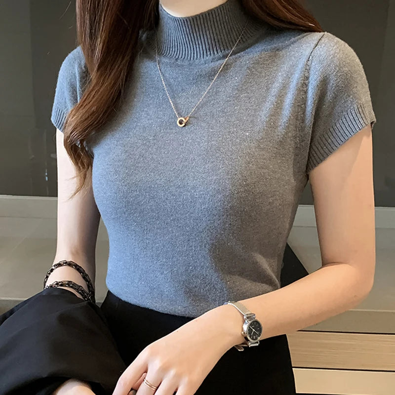 Casual Women Clothing Korean Knitted Women Top Blusas Mujer De Moda Spring Summer New Solid Slim Turtleneck Blouse Blusas 8622