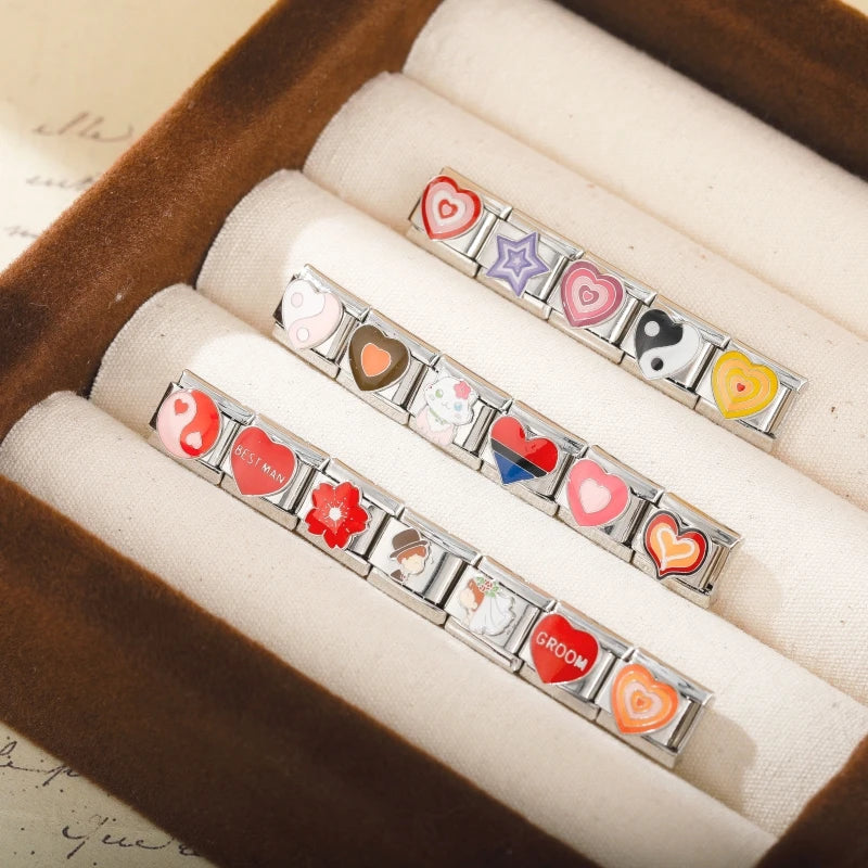 Hapiship Romantic Colour Heart Star Flwoer Tai Chi Italian Charm Links Fit 9mm Stainless Steel Bracelet Jewelry DIY Making DJ597