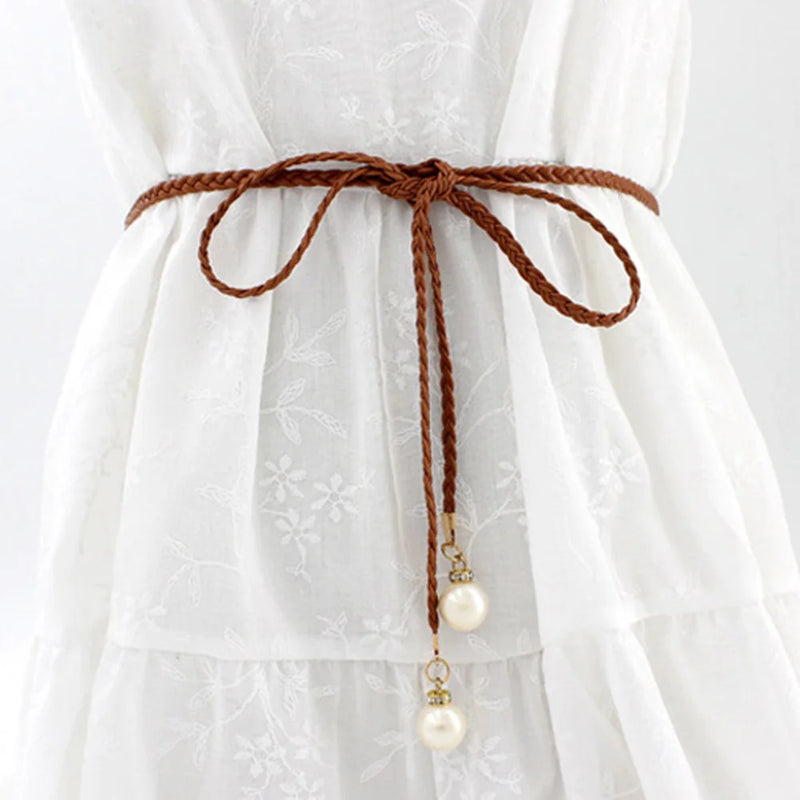 140CM Long Vintage Bohemian Knot Thin Belt Women Elegant Pearl Elastic Braided Waistband Female Summer Seaside Dress Waist Ropes