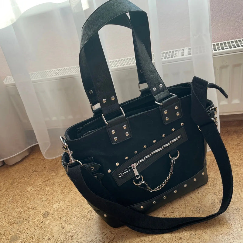 Gothic Canvas Handcuff Charm Punk Handbag Shoulder bag Fashion Women Lady Girls Messenger Shoulder Strap Bag Black Cotton