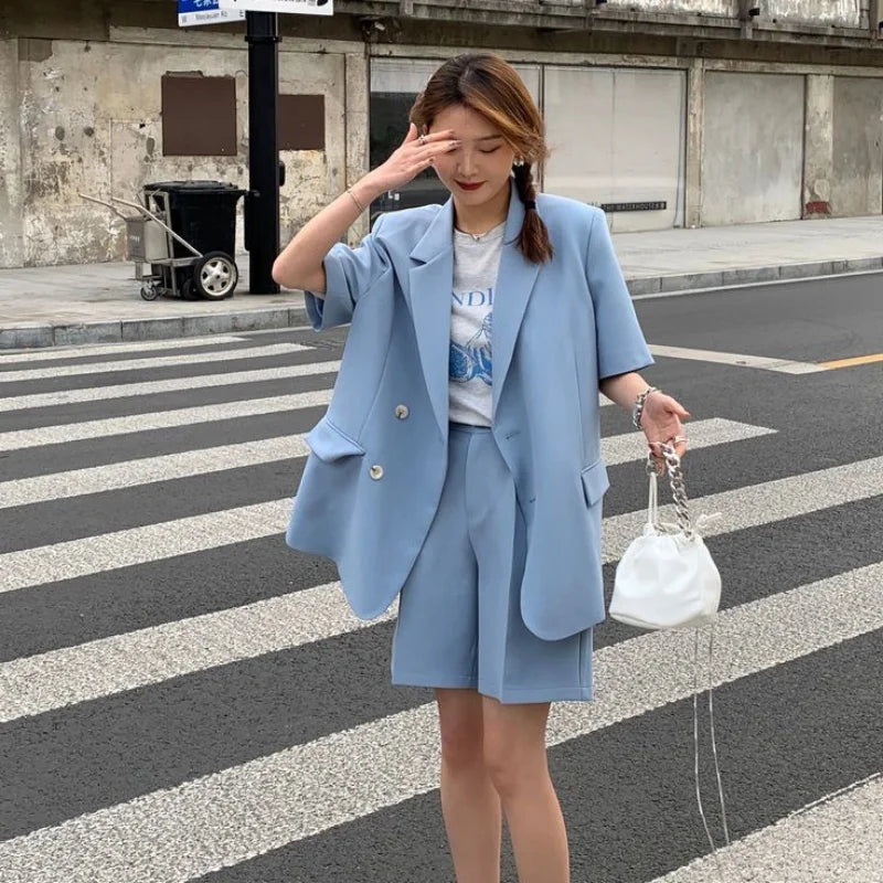 Clothing White 2024 Sleeve Summer Korean Style Blazer and Shorts Suit for Woman Kit Women's Short Pants Sets Complete Two Pieces