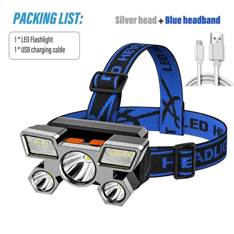 5*LED High Power Headlamp, Super Bright Rechargeable Fishing Camping Light, Long Distance Head Mounted Mining Lamp, Flashlight