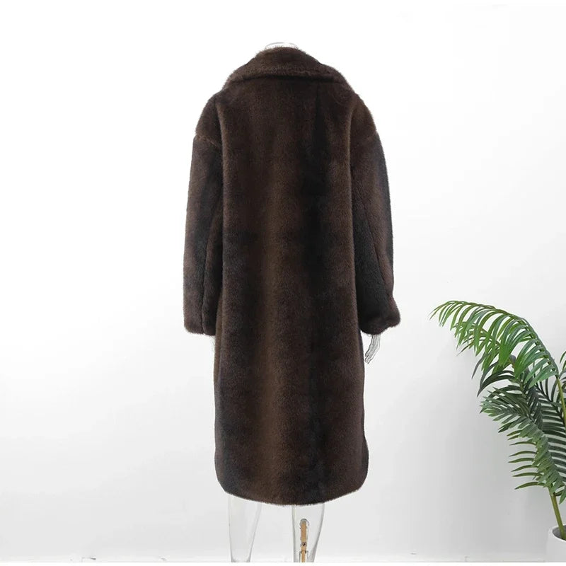 Women's Dark Brown Faux Fur Long Overcoat Single Breasted Fleece Long Trench Coat Winter Fluffy Plush Warm New Thicken Outerwear