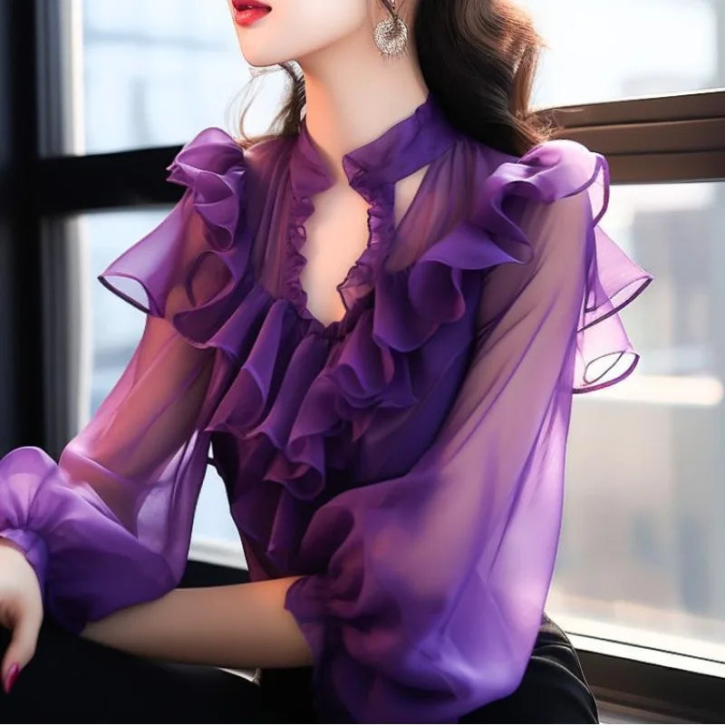 2024 Spring Summer New Solid Color Chiffon Fashion Flattering Blouses Spliced Ruffles V-neck Sheer Long Sleeve Women's Shirts