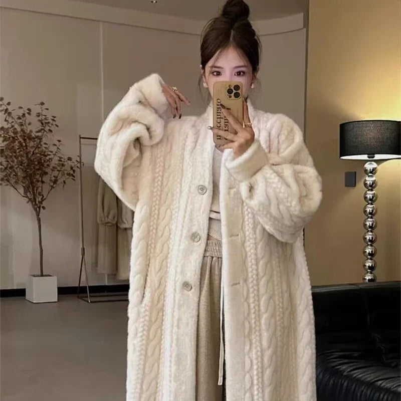 Thicken Knit Loose Coat Women Full Sleeve Single Breasted Fashion Female Cardigan Winter Warm Long Cardigan Chic Lady Outerwear