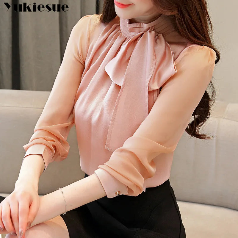 2022 New Summer Fashion Tunic Women Blouse Shirts Long Sleeve Tie Bow Chiffon Turtleneck Formal Women White Black Shirts