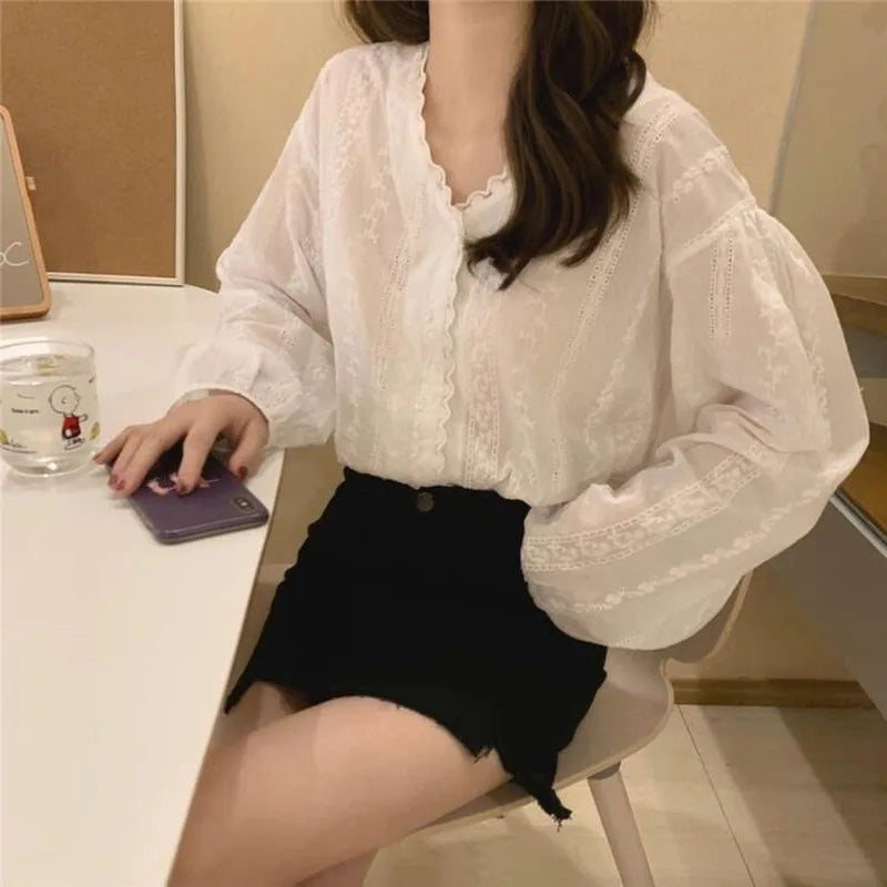 Shirts Women Solid V-Neck Simple Tender Prevalent Ladies Tops All-match Leisure Autumn Fashion Korean Style Temperament Chic hot