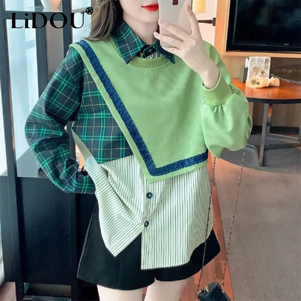 Spring Autumn Streetwear Patchwork Trend Fashion Shirt Female Long Sleeve Loose Casual Blouse Women's Polo-neck Pullover Tops