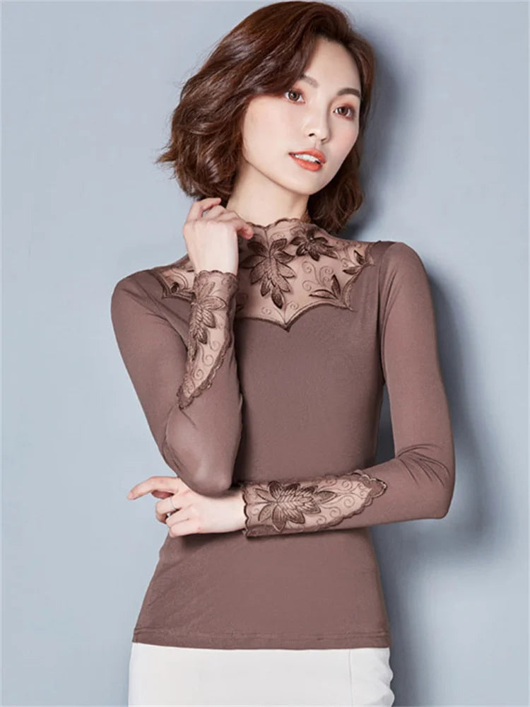 Hollow Out Women Spring Autumn Style Lace Blouses Shirts Casual Long Sleeve Patchwork Spliced Turtleneck Blusas Tops DF1491