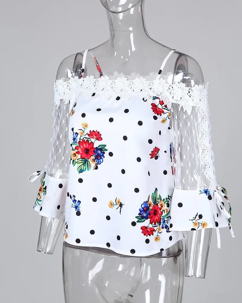 Vintage Embroidered Print Shirt Lace Blouses Shirts Sexy Club Female Mesh Patchwork Shirts Sexy Slash Neck Summer Fashon Tops