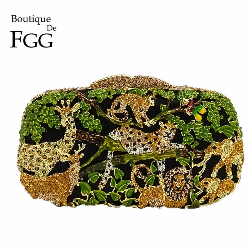 Boutique De FGG (in stock) Forest Jungle Women Crystal Animal Evening Bags Party Rhinestone Handbag Bridal Wedding Clutch Bag