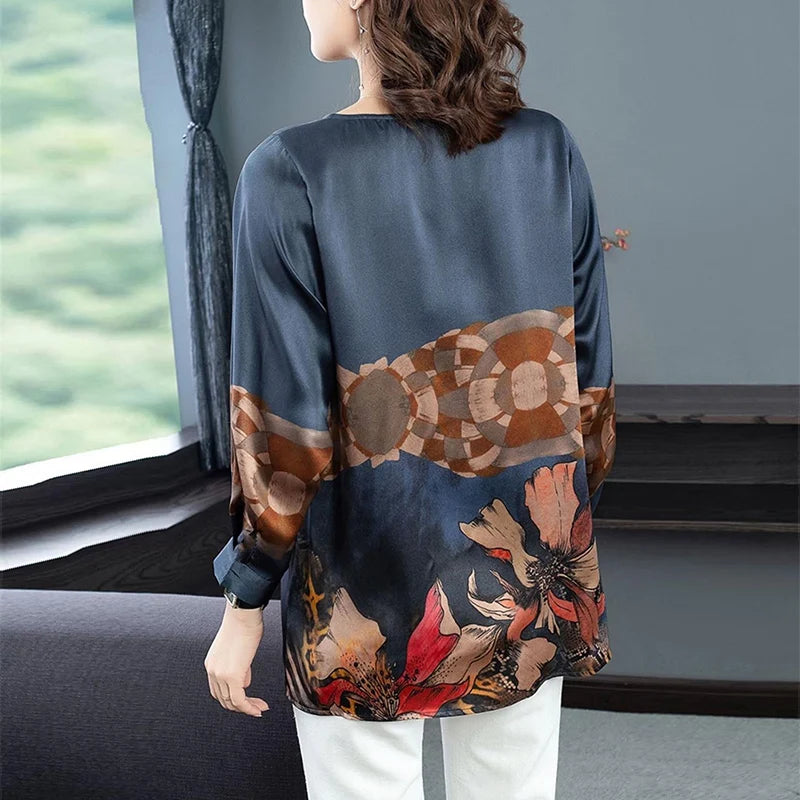 Summer Autumn Imitation Silk Fashion Print Loose Casual Shirt Ladies Oversized Long Sleeve Wild Elegant Blouse Top Women Blusa