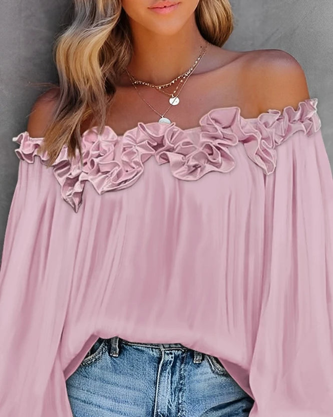 Office 2024 Spring Summer Women's Blouse Solid Color Pleated Loose Ruffle Hem Lantern Sleeve Top Off Shoulder Slash Neck Shirt