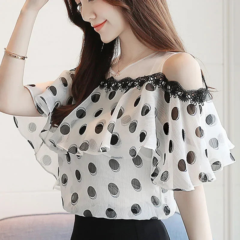 Summer Fashion Shirts Women Elegant Short Sleeve Ladies Tops Sweet Polka Dot Chiffon White Blouse Casual Loose New Blusas 0611