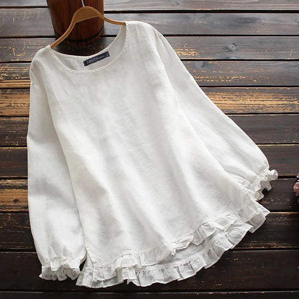 2023 Spring Women Blouse O Neck Puff Long Sleeve White Blouses Solid Vintage Casual Ruffles Shirt Blusas Loose Tunic Chemise