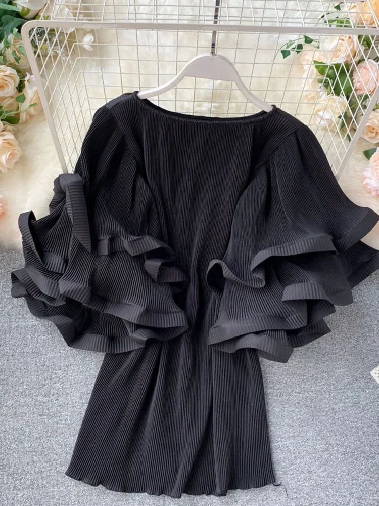 Women's Shirt Ins Design Sense Butterfly Sleeve Loose Pleated Chiffon Female Summer Solid Tops New Tide Blouse ML876