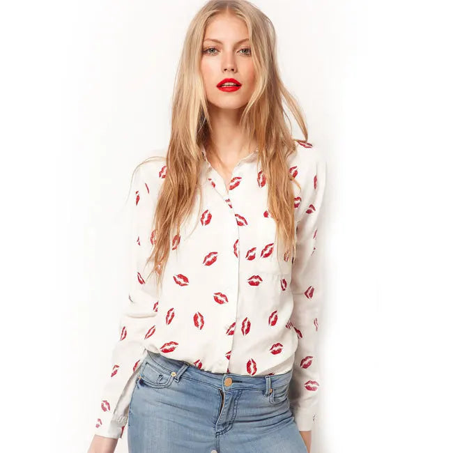 New Fashion Retro Women Sexy Red Lips Prints Chiffon Blouse Ladies Elegant Long Sleeve Shirts Casual Tops White Black Blusa