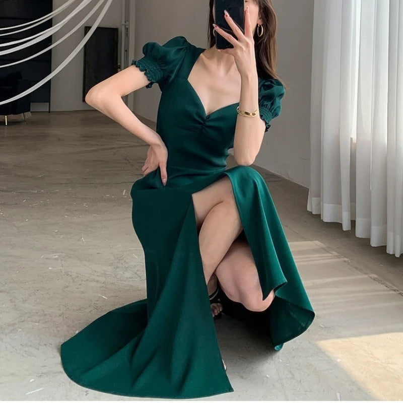 Solid Puff Short-Sleeved Elegant Dress Women Clothing Wedding Guest New Year Women Fashion High Waist Slim Evening Party Dresses