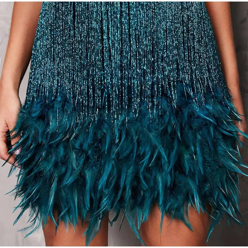 2023 New Sexy Tassel Sequins Feather Mini Dress Women Spaghetti Strap Stitching Dresses Female Elegant Evening Party Club Dress