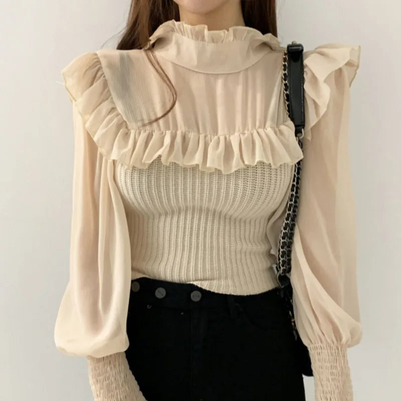 Gagarich Women Sweater Winter Autumn French Sweet Temperament Female Mesh Stitching Frill Design Solid Color Pullovers