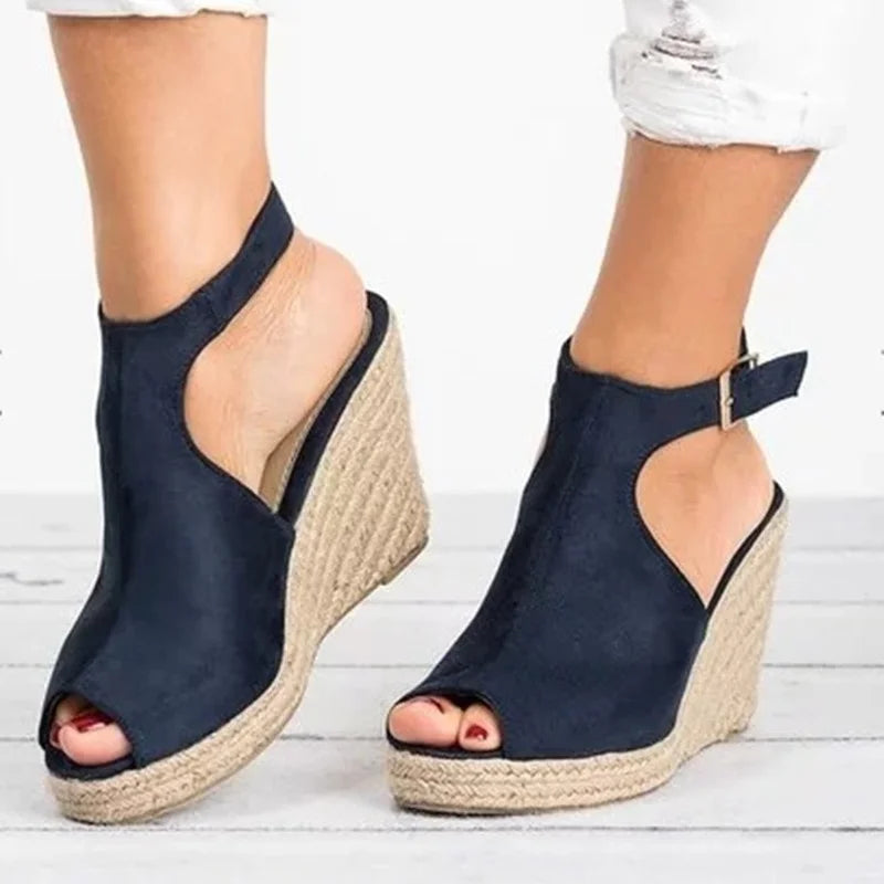 Women's Fashion Summer Wedges Heel Platform Casual Shoes Women Buckle Strap Roman Female PU Peep Toe High-heeled Shoes