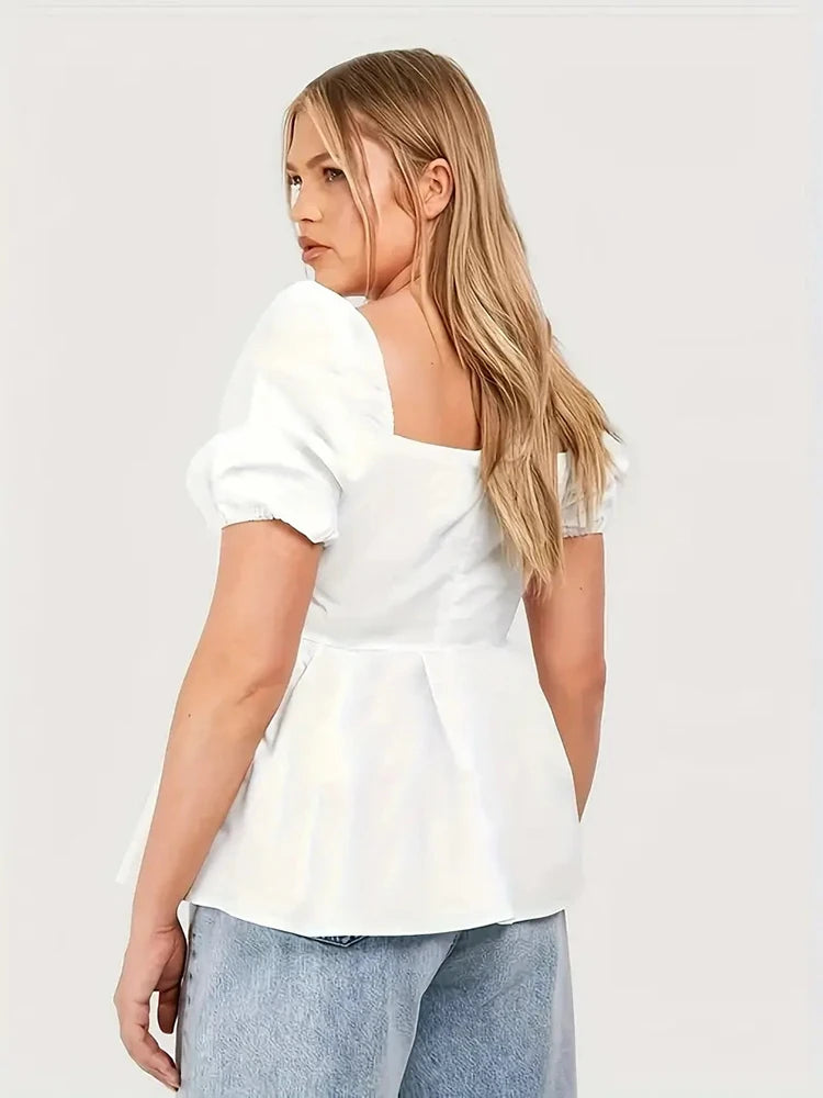 Mugen Solid Color Blouse Casual Short Sleeves Plus Size Shirt Square Neck Ruched Blouse For Summer Women's Clothing White Blouse