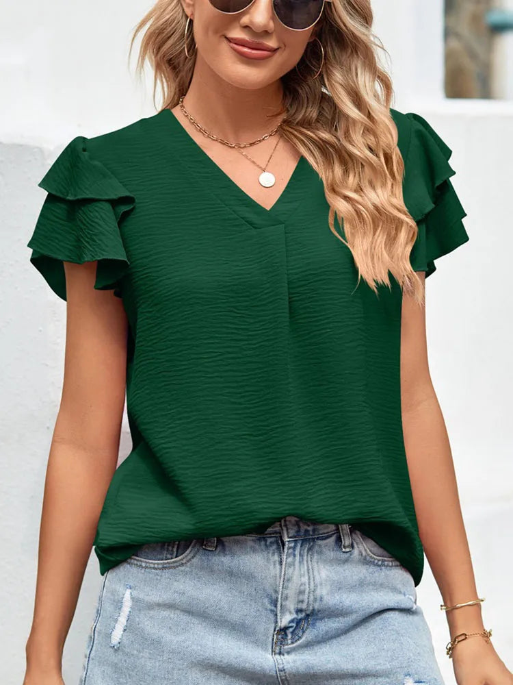 Women's White Blouses Summer V-neck Ruffles Short-sleeve Loose Casual Shirt Women Vintage Pullover Top Streetwear Female Clothes