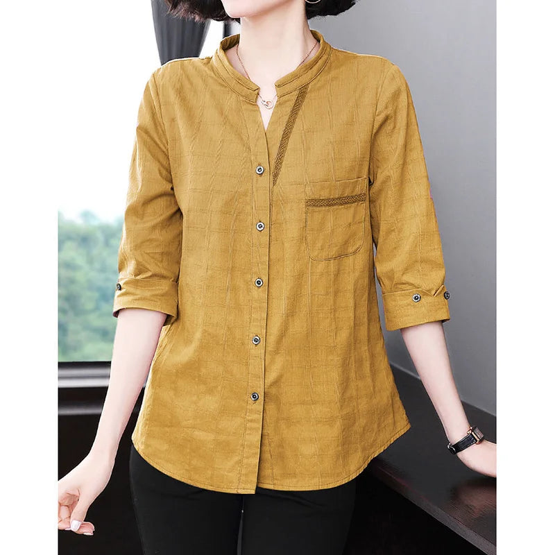 2022 New Summer Cotton Linen Fashion Casual Vintage Plaid 3/4 Sleeve Oversized Comfortable Simple Shirt Blouse Female Loose Top