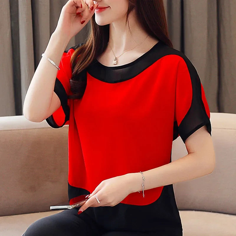 Womens Tops And Blouses Fashion Chiffon Blouse Loose Ladies Tops Shirts Solid Short O-Neck Batwing Sleeve 3397 50