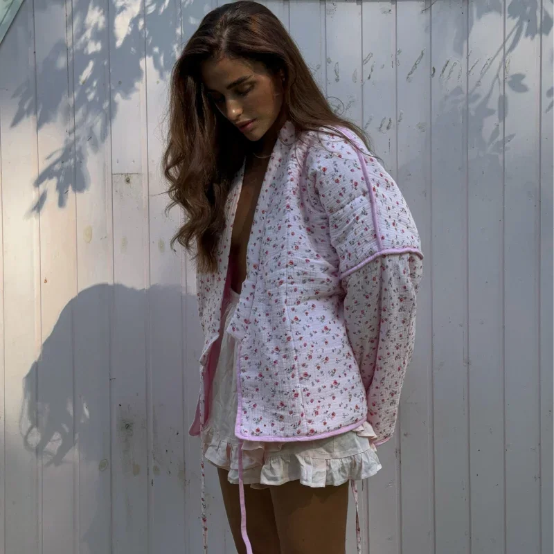 2024 New Pink Floral Cotton Coats Women Fashion V-neck Full Sleeve Lace Up Loose Jacket Autumn And Winte Chic Warm Lady Outwear