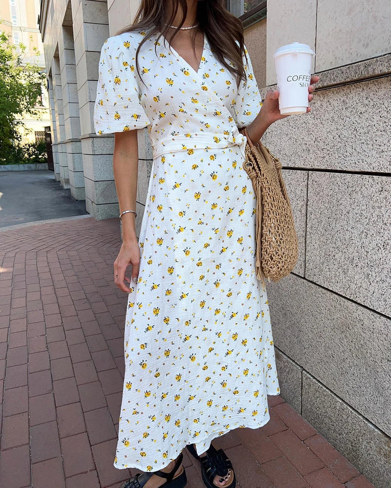 Casual Women's Summer Dresses 100% Cotton Floral Print A-line Midi Dress with Side Slits Long Elegant White Dress for Women 2024