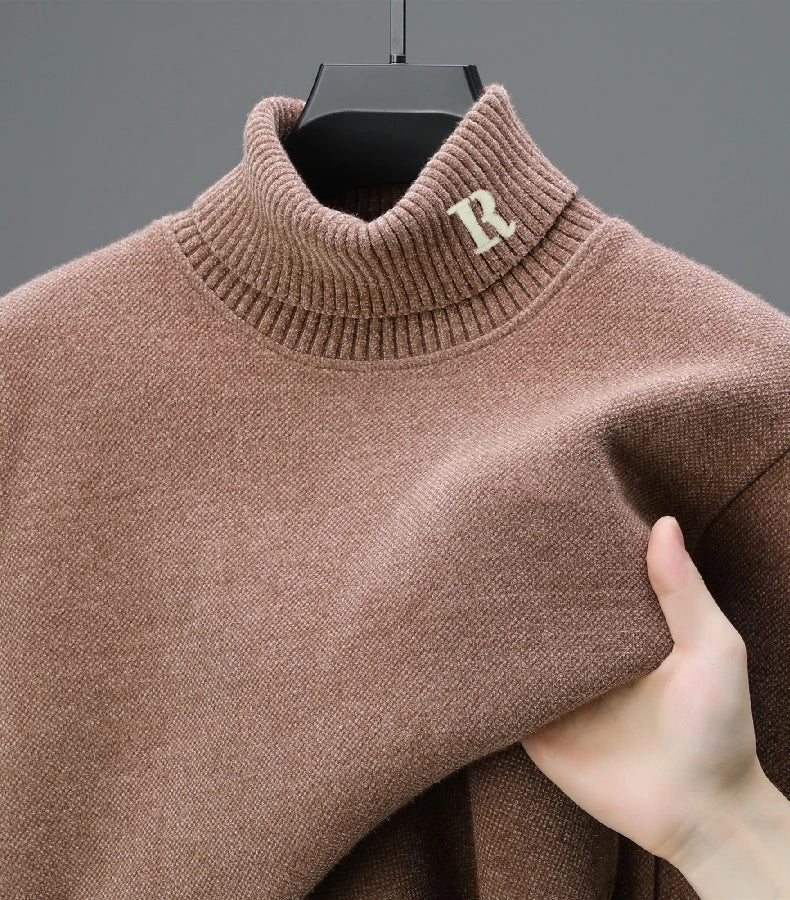 Luxury brand sweater men's high neck designer new trend R embroidery casual Korean top winter plush thick warm knitted pullover