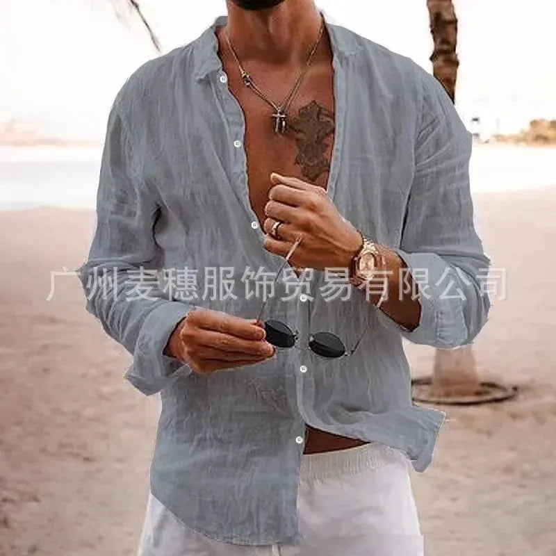 2024 Men's Cotton Linen Shirts Top Simple Laple Solid  Man Shirts Tops Comfortable Loose Casual Holiday Shirts for Men Blouses