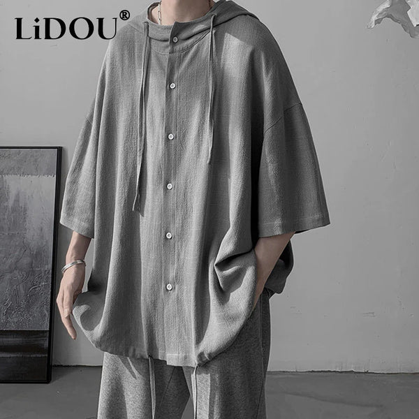 Summer Japanese Style Vintage Oversized Harajuku Shirt Men Casual Loose Hooded Blouse All Match Fashion Streetwear Male Clothes
