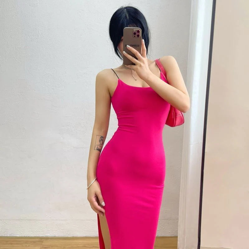 Rimocy 2024 New Sexy Sleeveless Slim Long Dress Women Party Club High Split Spaghetti Strap Dresses Woman Bodycon Dress Female