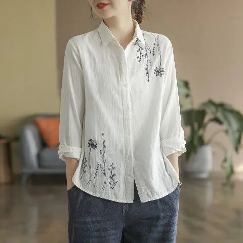 Cotton Women's Shirt Embroidery Elegant Blouse Long Sleeve Top Vintage Clothing Button Up White Shirts Ladies Office Outfit 2023