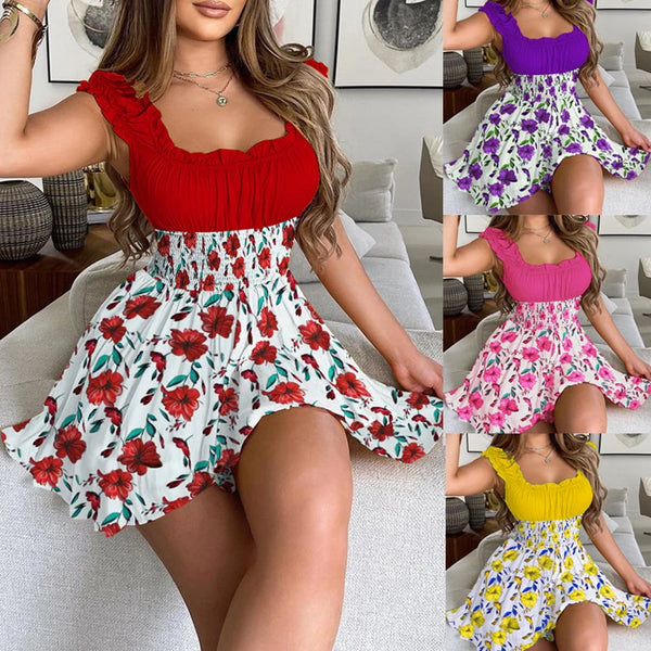 Women Casual Round Neck Sleeveless Ruffles Mini Dress Boho Flower Print Beach Sundress Oversized Loose Dress Summer