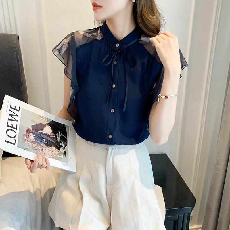 Summer Women Chiffon Blouse Shirt Women Tops Short Sleeve Blouse Women Blusas Mujer De Moda 2023 Blouses Femme Top Shirts F123