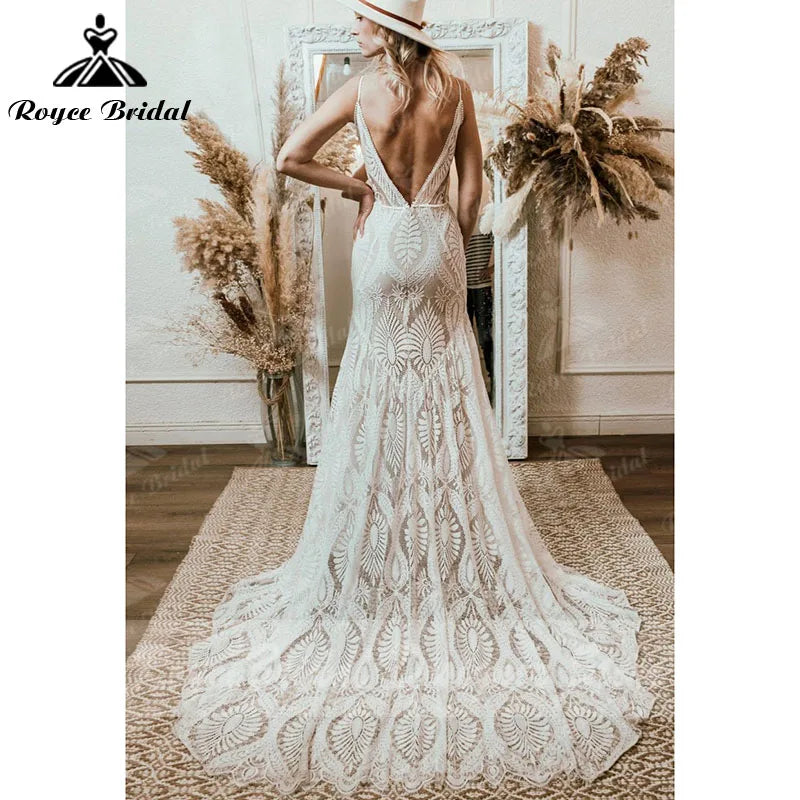 Vestido Bohemian Wedding Dress V Neck Lace Boho Spaghetti Straps Backless Beach Bridal Gowns Vestido de novia Roycebridal 2024