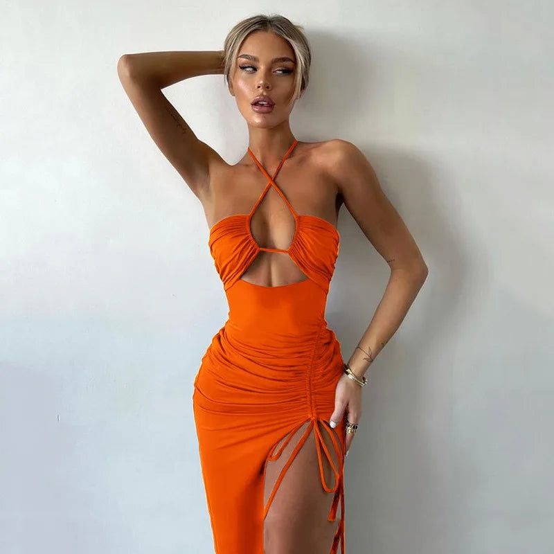 Sexy Dress Women Summer New Sleeveless Backless Hollow Out Dresses Slim Fashion Split Bandage Casual Bodycon Elegant Party Dress