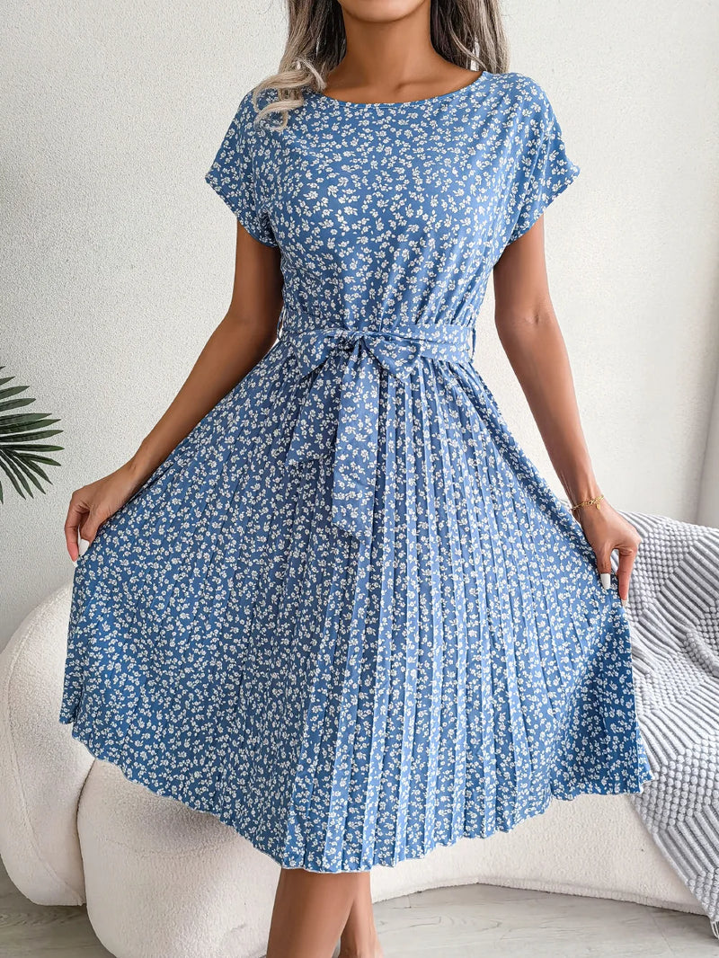 Women Spring Summer Short Sleeve High Waist Chic Dress Fashion Floral Pleated A Line Long Dress