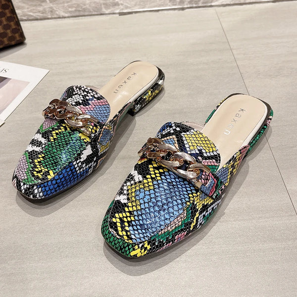 Summer Slippers Women New Snake Prints Chain Women's Mules Slides Square Toe Casual Ladies Shoes Classic Fashion Footwear 2023