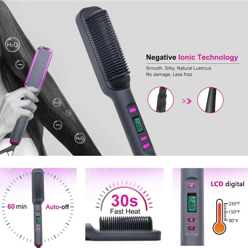 Electric Multifunctional Straight Hair Straightener Comb Hot Comb Negative Ion Anti-Scalding Styling Tool Straightening Brush