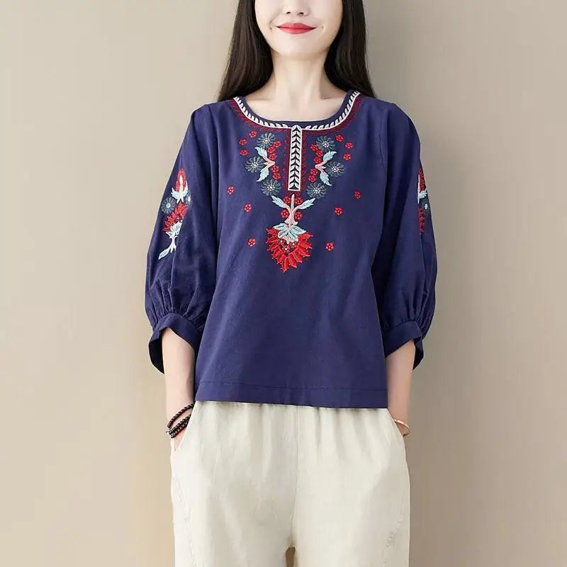 Women Cotton Linen Floral Embroider  Blouses Boho Ethnic Lantern Sleeve Shirts Vintage Retro Hippie Casual Tops Summer Blusa