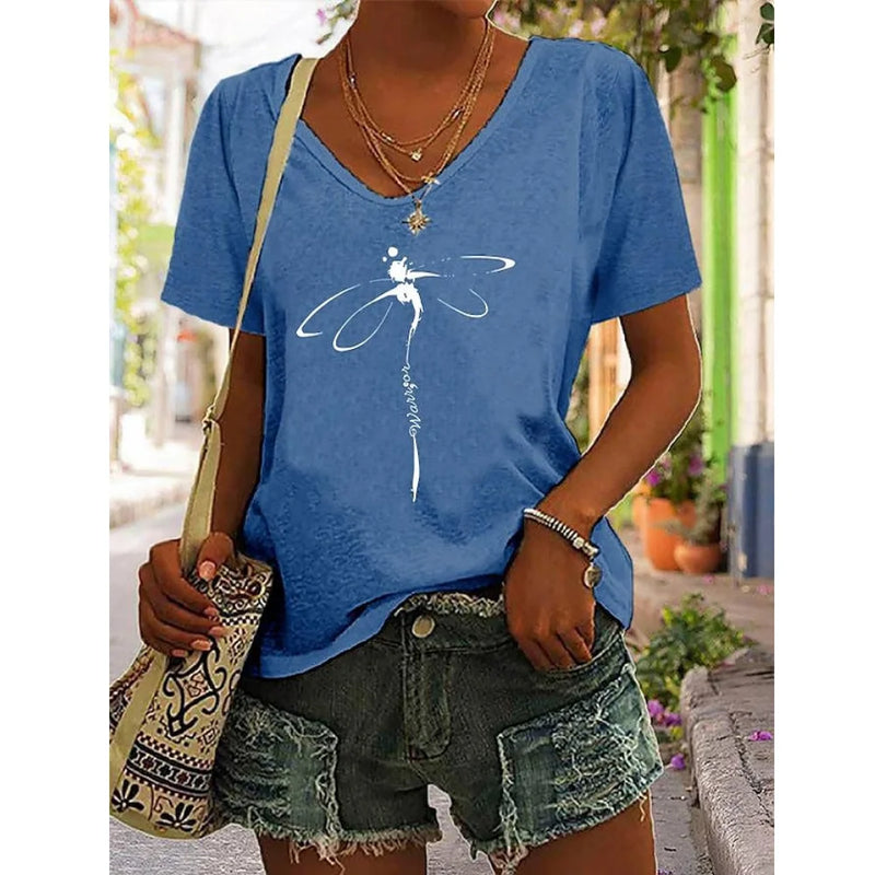 Women's T-Shirt Summer Dragonfly Print Tops Tees Casual Daily V Neck Blouse Women Oversized Pullovers Girls Minimalist Clothing