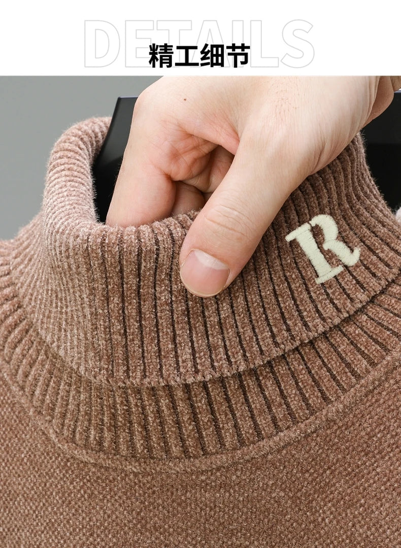 Luxury brand sweater men's high neck designer new trend R embroidery casual Korean top winter plush thick warm knitted pullover