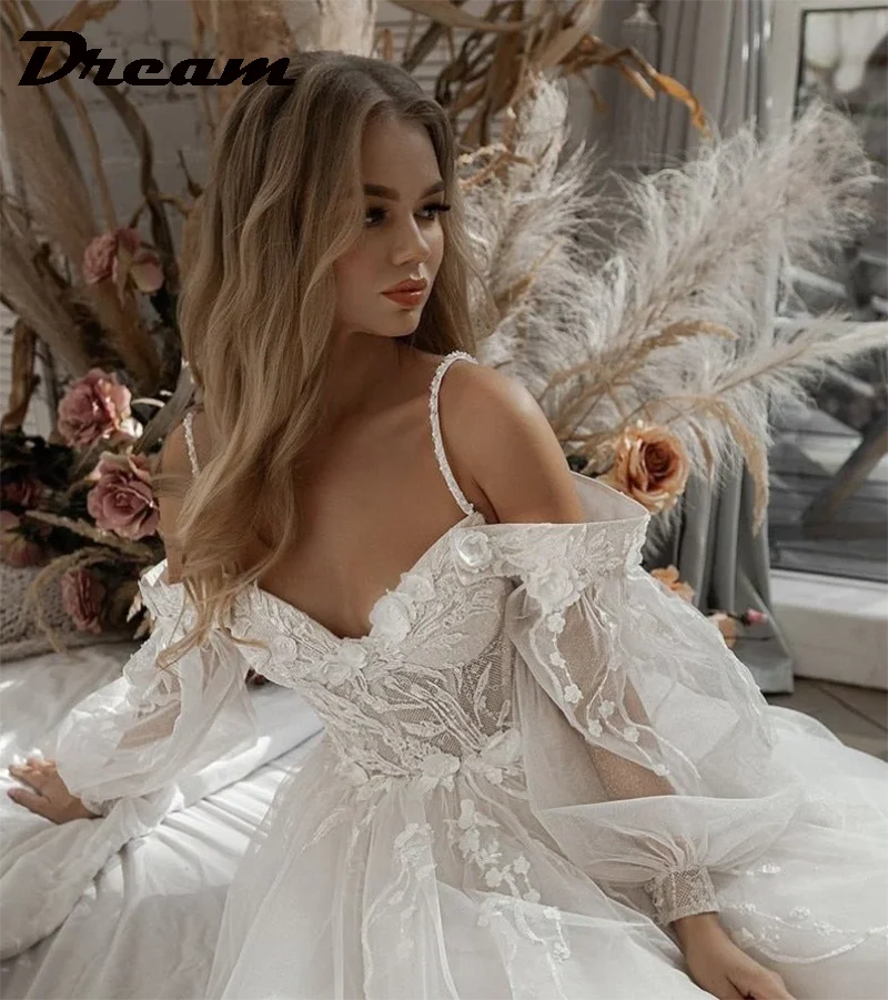 DREAM Off Shoulder Lace Glitter Tulle Wedding Dresses Long Puff Sleeve 3D Flowers Boho Bride Gown 2024 Vestidos De Novia