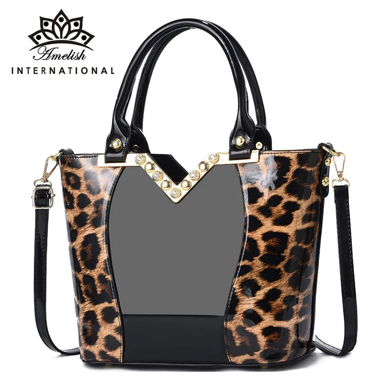 2022 New Trend Luxury Brand Bag for Women Leopard Print Patent Leather Diamond Tote Female Handbag Fashion Ladies Shoulder Bags